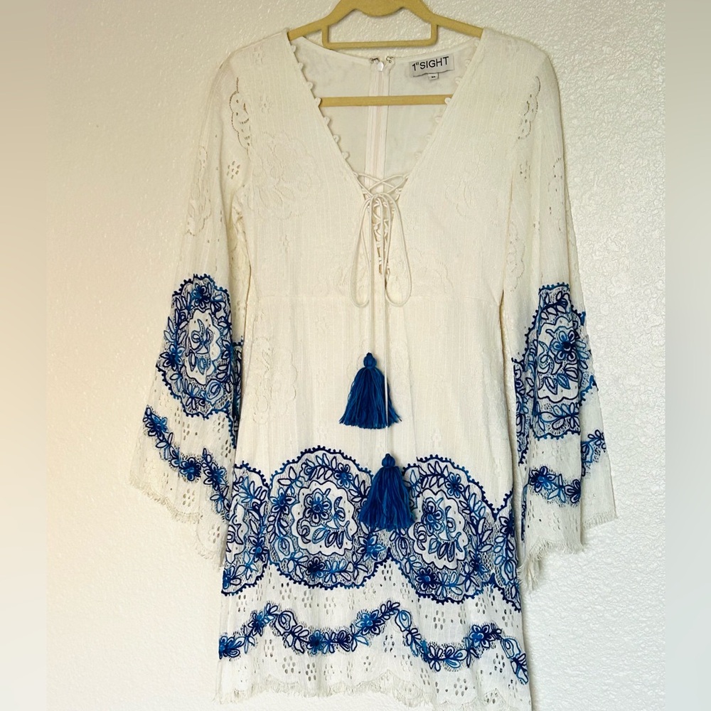 Handmade White Garment with Blue Embroidery